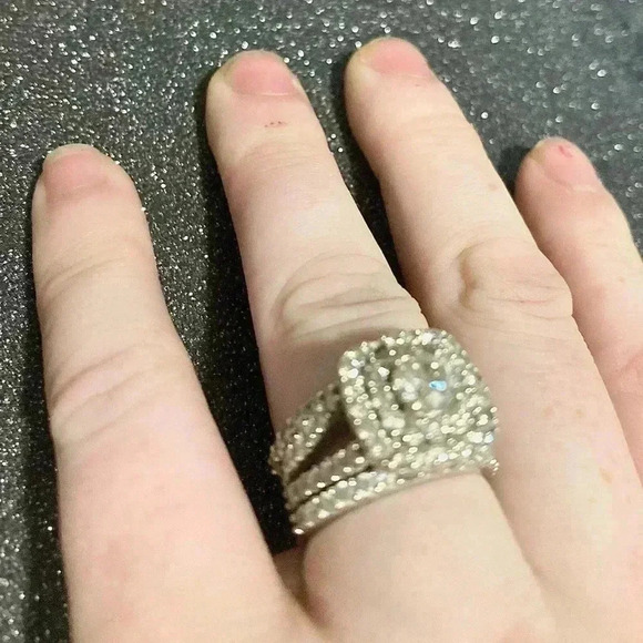 3ct. Halo Cushion Diamond Engagement Wedding Ring Set 10k White Gold (3 pcs.) - Picture 11 of 15